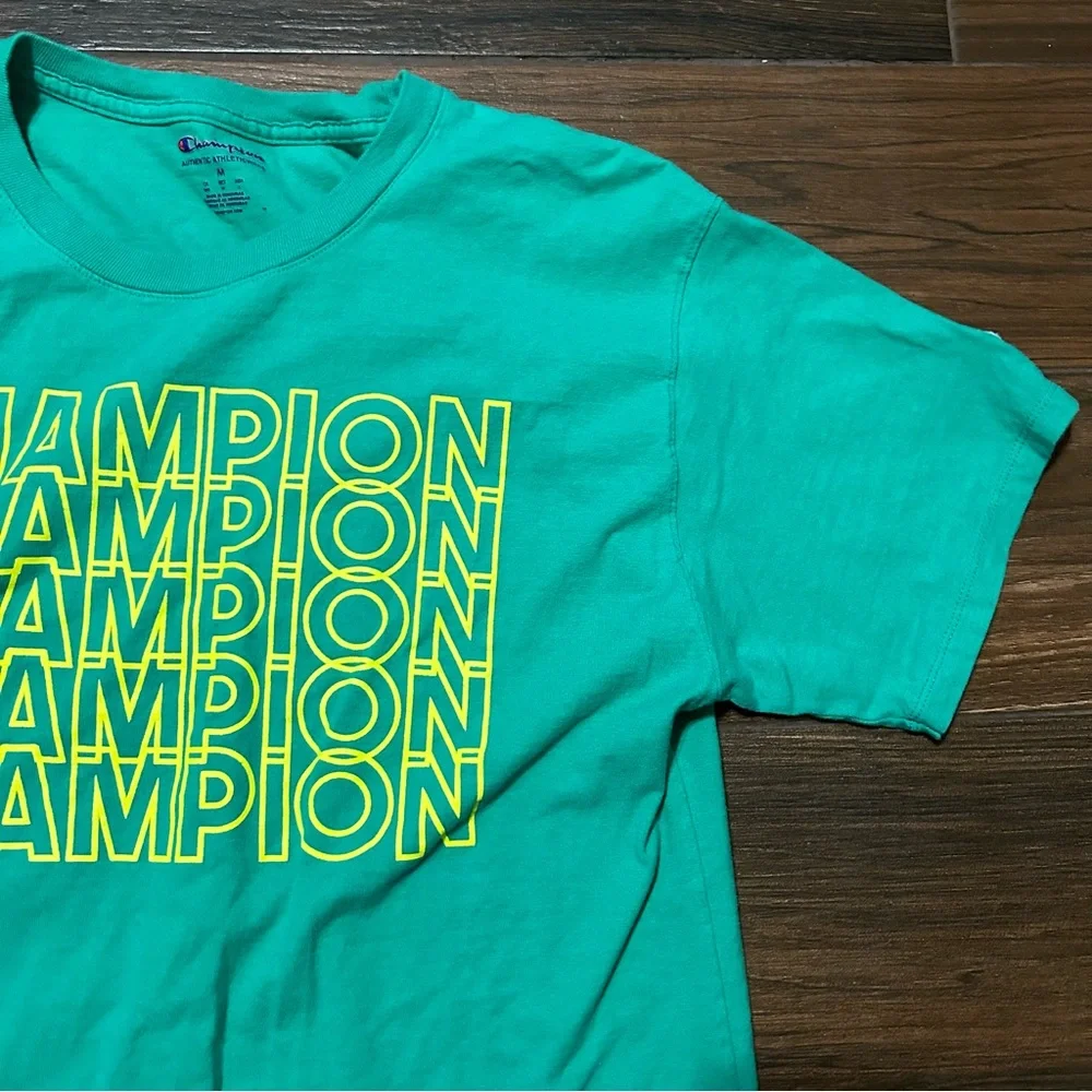 Champion Men’s‎ Short Sleeve Medium Shirt Green with Neon Green Letters - Picture 5 of 10